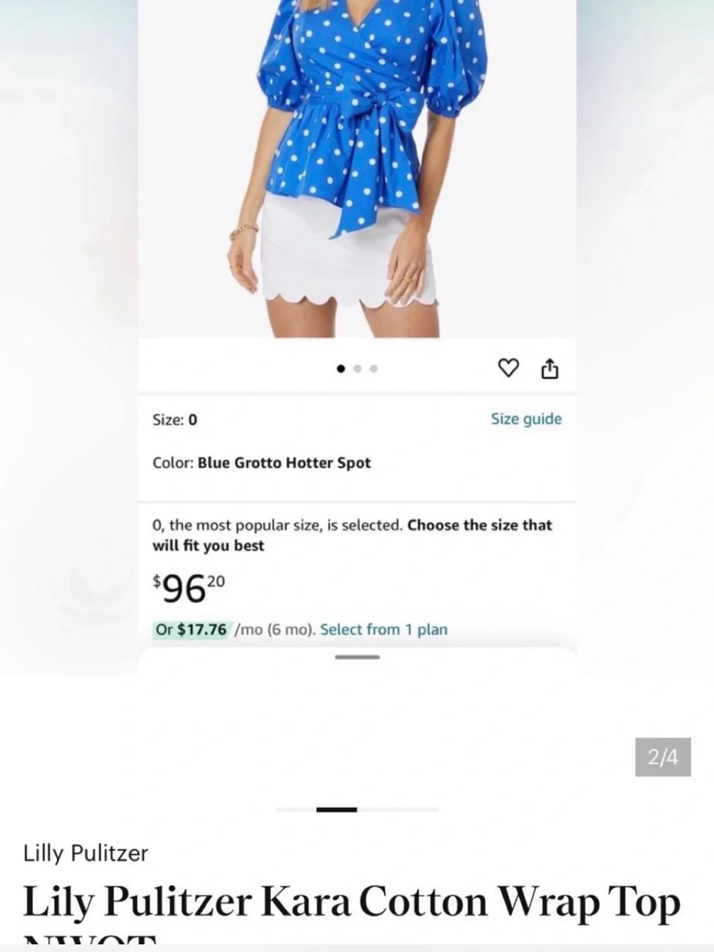 Lilly Pulitzer Kara Cotton Wrap Blue Polka Dot Top Puff sleeve size 4